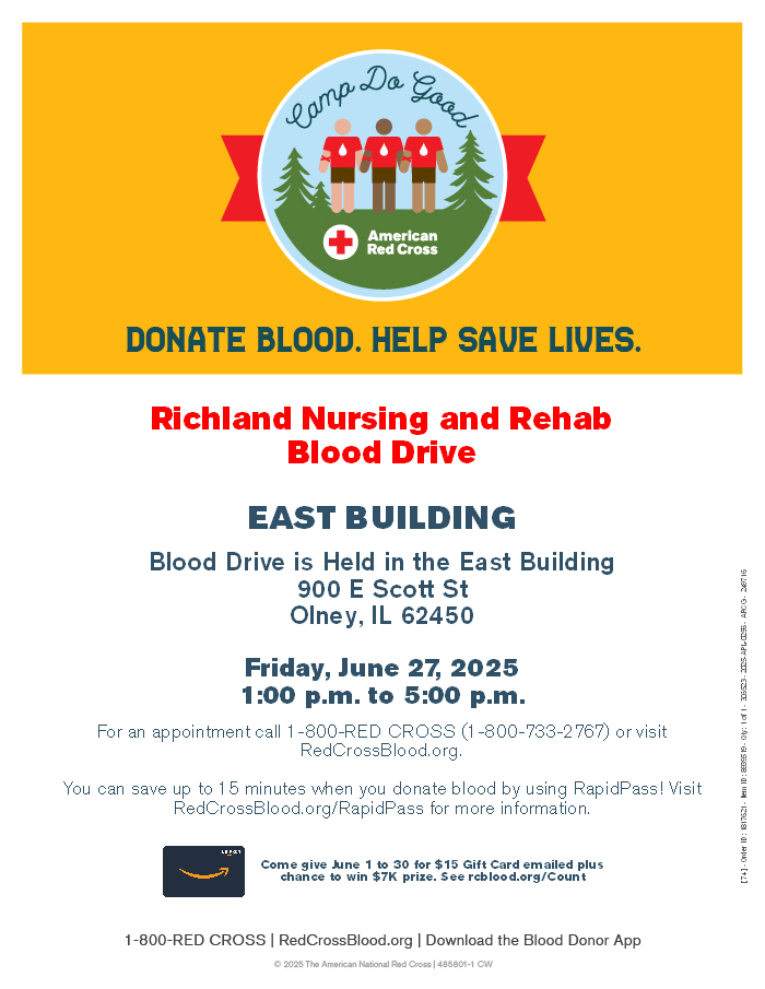 Richland Nursing and Rehab June 2025 Blood drive, Olney Illinois